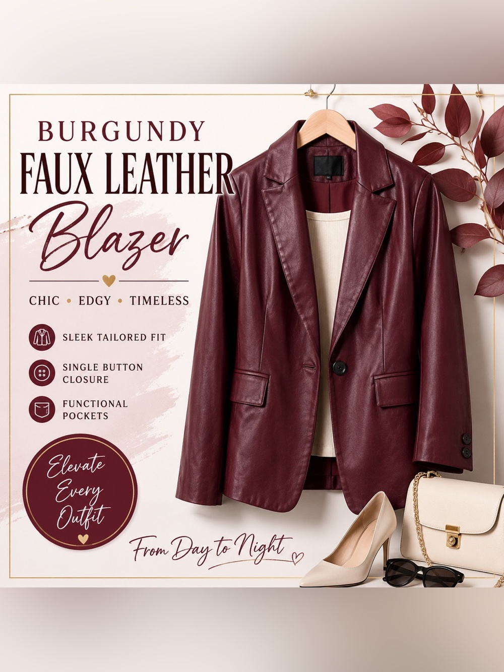Burgundy Faux Leather Blazer Jacket. Chic Single Button Vegan Leather Coat NWT